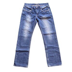 Modern Culture Mens 36x34 Blue Jeans Bootcut Distressed Flap Pocket Thick Stitch